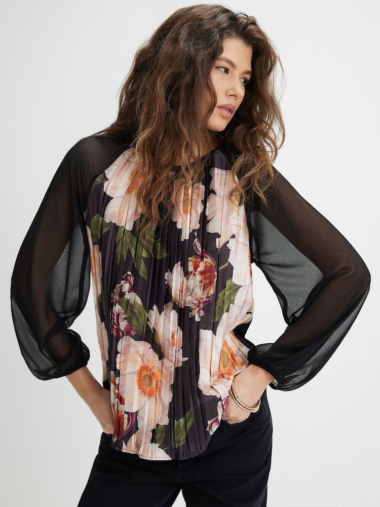 River Island Black Floral Pleated Long Sleeve Top with Jersey Back - Image 1 of 4