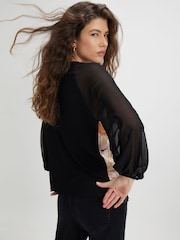 River Island Black Floral Pleated Long Sleeve Top with Jersey Back - Image 3 of 4