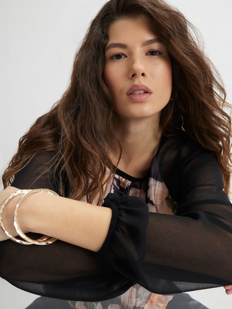 River Island Black Floral Pleated Long Sleeve Top with Jersey Back - Image 4 of 4