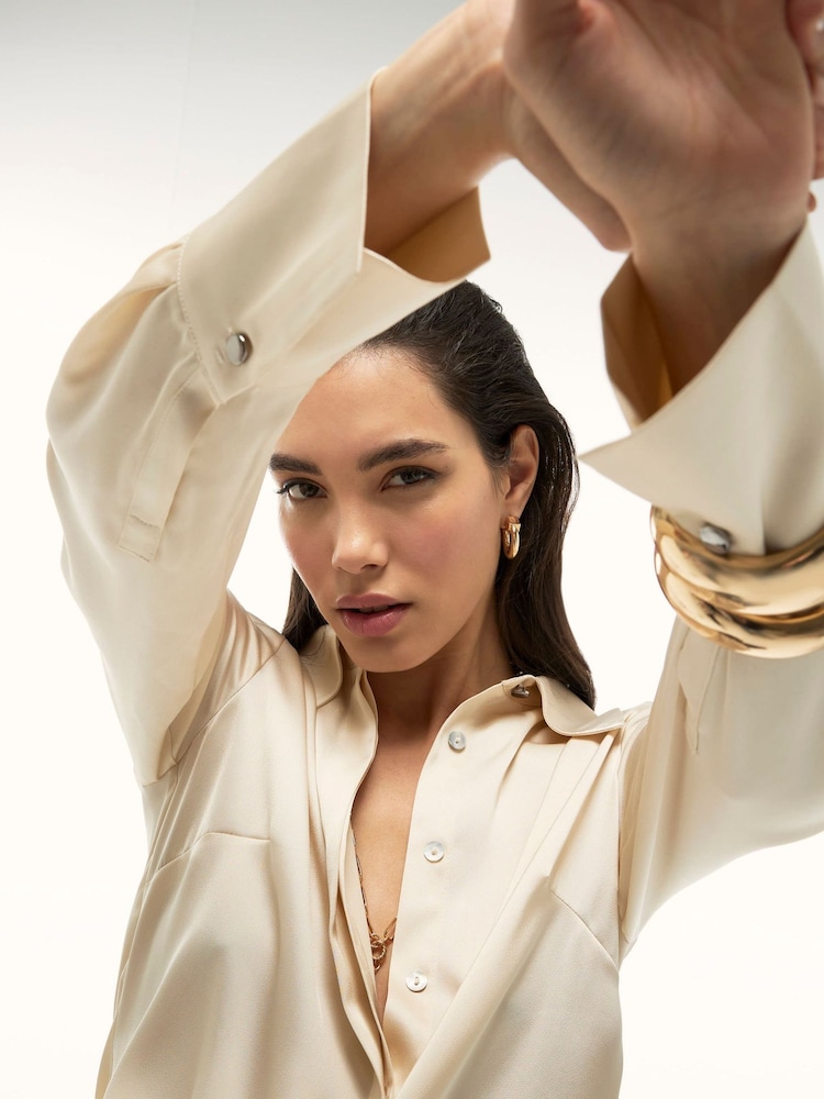 River Island Cream Long Sleeve Satin Shirt - Image 4 of 4