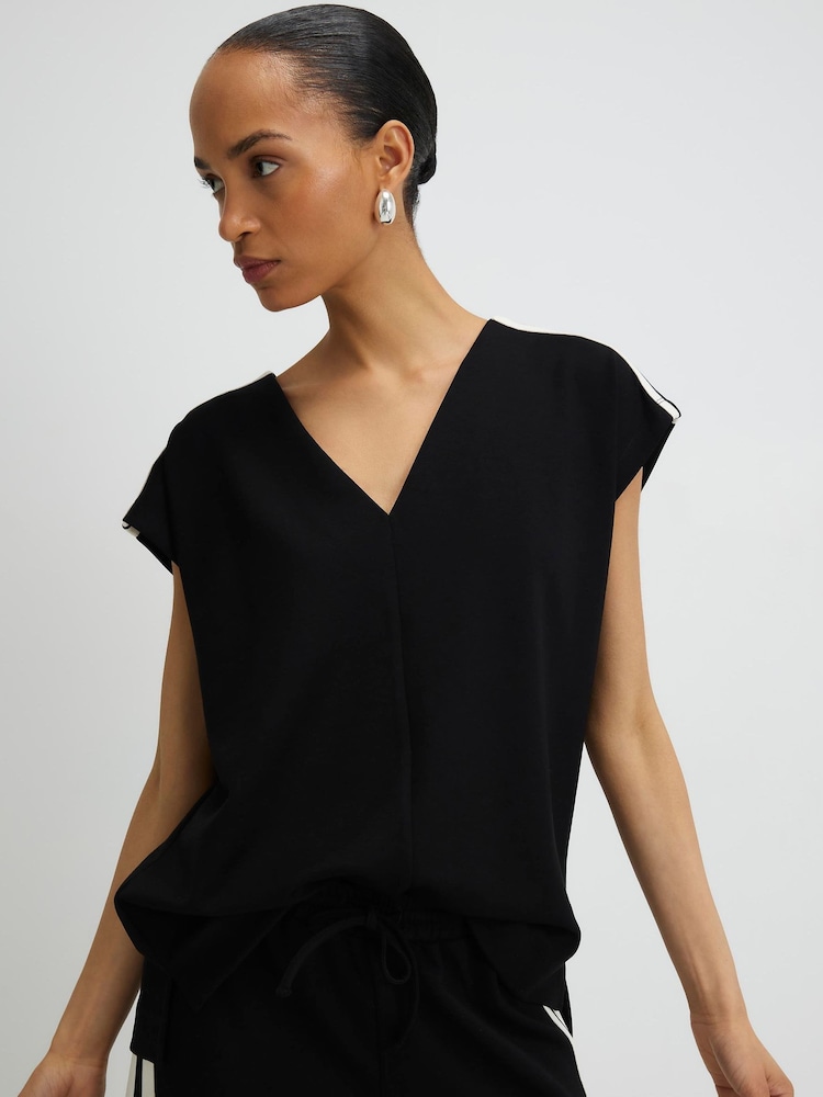 River Island Black Short Sleeve Tape Detail V-Neck Top - Image 1 of 4 River Island Black Short Sleeve Tape Detail V-Neck Top - Image 1 of 4