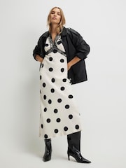 River Island White Short Sleeve Polka Dot Satin Slip Dress - Image 1 of 4