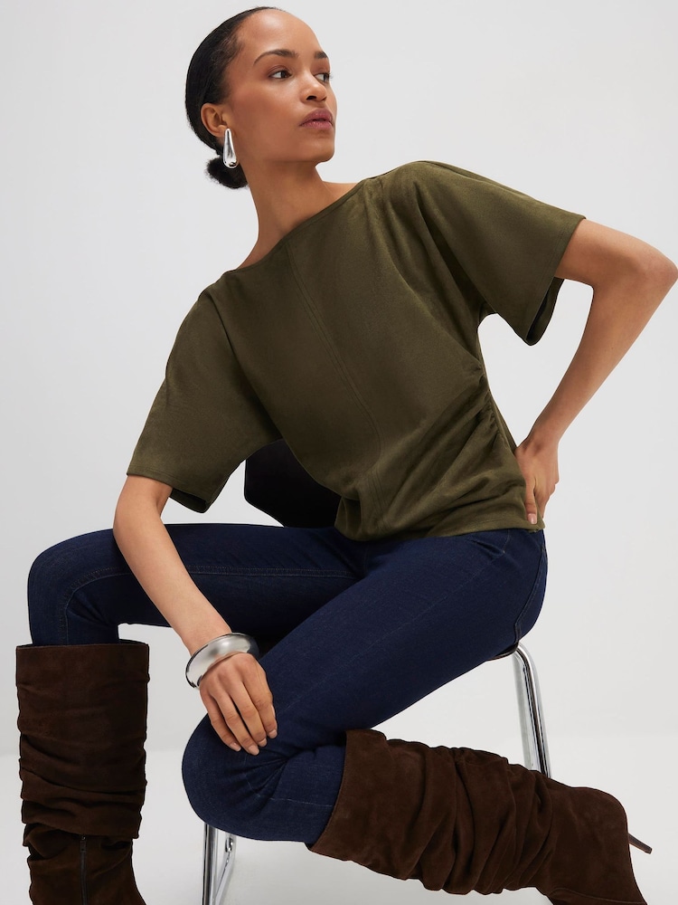 River Island Green Faux Suede Short Sleeve Ruched Side Top - Image 1 of 4