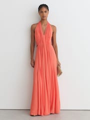 Reiss Coral Pink Cara Petite Halterneck Pleated Maxi Dress - Image 1 of 9