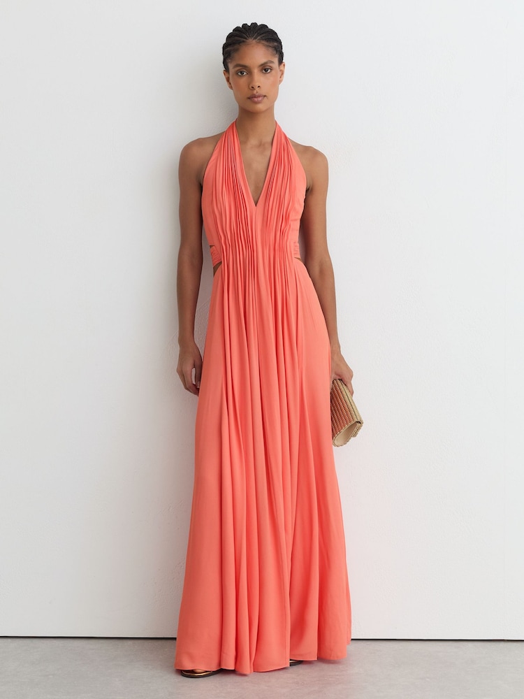 Reiss Coral Pink Cara Petite Halterneck Pleated Maxi Dress - Image 1 of 9