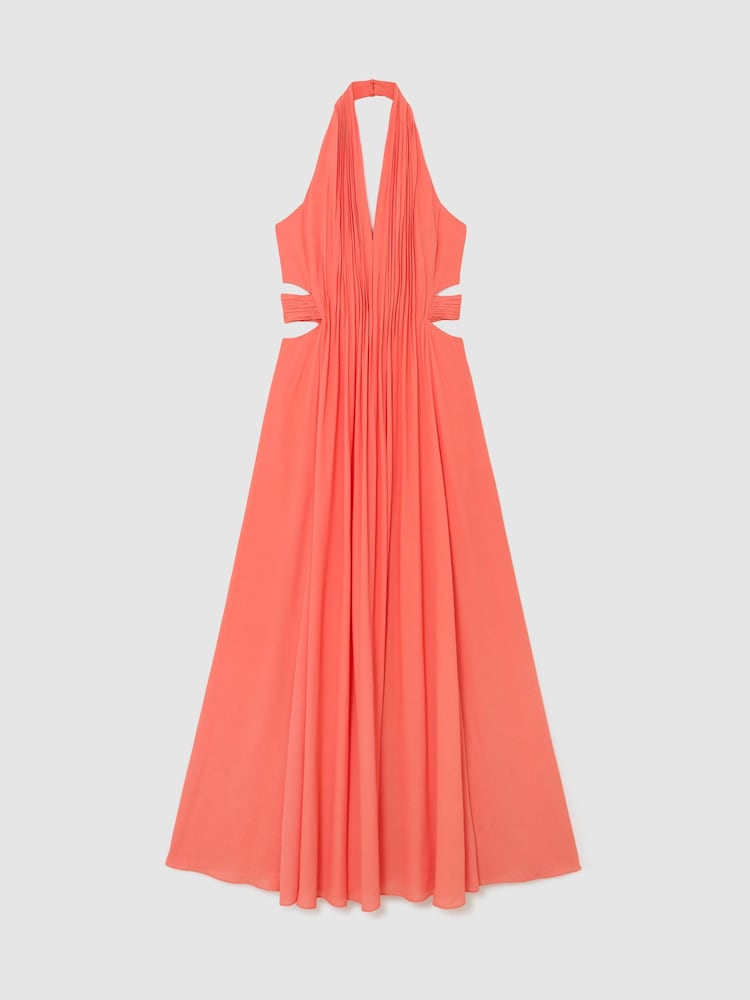 Reiss Coral Pink Cara Petite Halterneck Pleated Maxi Dress - Image 2 of 9