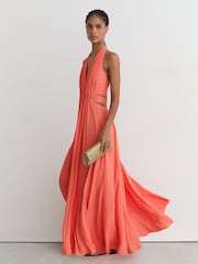 Reiss Coral Pink Cara Petite Halterneck Pleated Maxi Dress - Image 3 of 9
