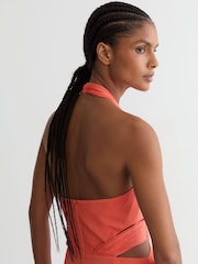Reiss Coral Pink Cara Petite Halterneck Pleated Maxi Dress - Image 4 of 9