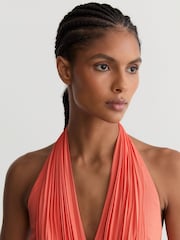 Reiss Coral Pink Cara Petite Halterneck Pleated Maxi Dress - Image 5 of 9