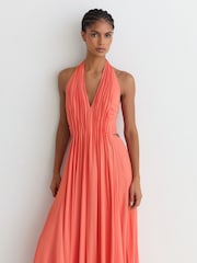 Reiss Coral Pink Cara Petite Halterneck Pleated Maxi Dress - Image 6 of 9