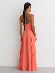 Reiss Coral Pink Cara Petite Halterneck Pleated Maxi Dress - Image 7 of 9