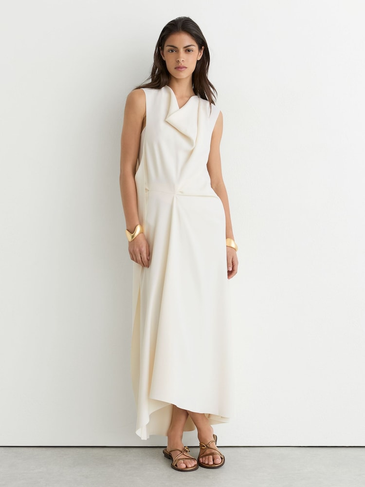 Reiss Ivory Dorota Drape-Detail Sleeveless Midi Dress - Image 1 of 7 Reiss Ivory Dorota Drape-Detail Sleeveless Midi Dress - Image 1 of 7