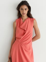 Reiss Coral Pink Dorota Drape-Detail Sleeveless Midi Dress - Image 3 of 7