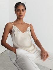 Reiss Neutral Joanie Satin Lace-Detail Cami Top - Image 1 of 7