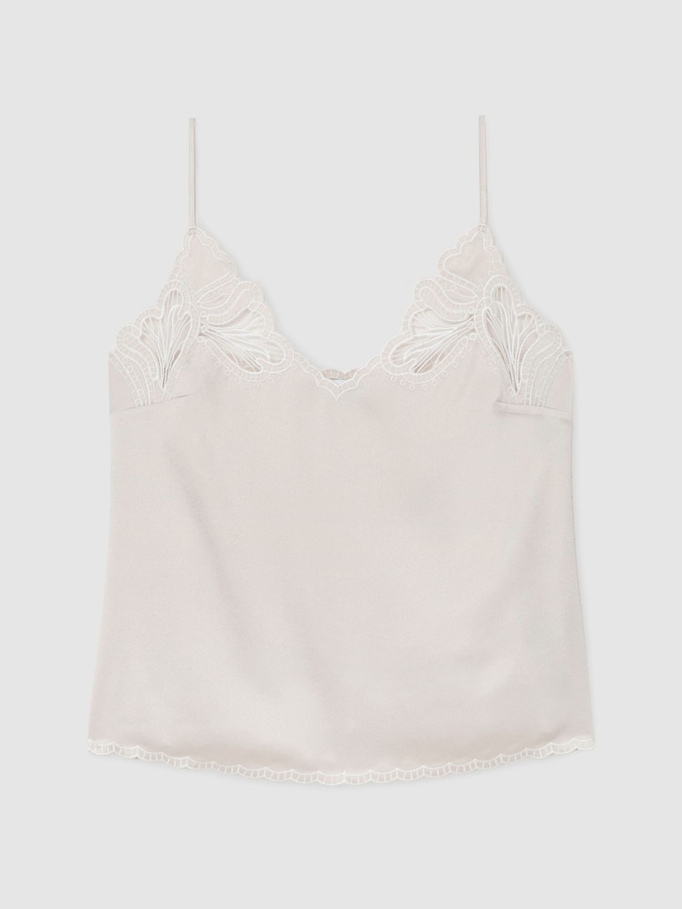 Reiss Neutral Joanie Satin Lace-Detail Cami Top - Image 2 of 7
