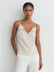 Reiss Neutral Joanie Satin Lace-Detail Cami Top - Image 4 of 7