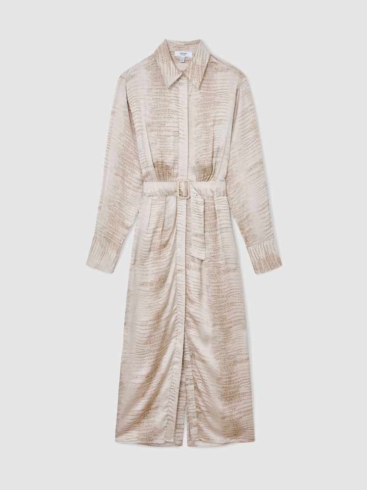 Reiss Neutral Sienna Snake-Print Belted Midi Shirt Dress - Image 2 of 8 Reiss Neutral Sienna Snake-Print Belted Midi Shirt Dress - Image 2 of 8