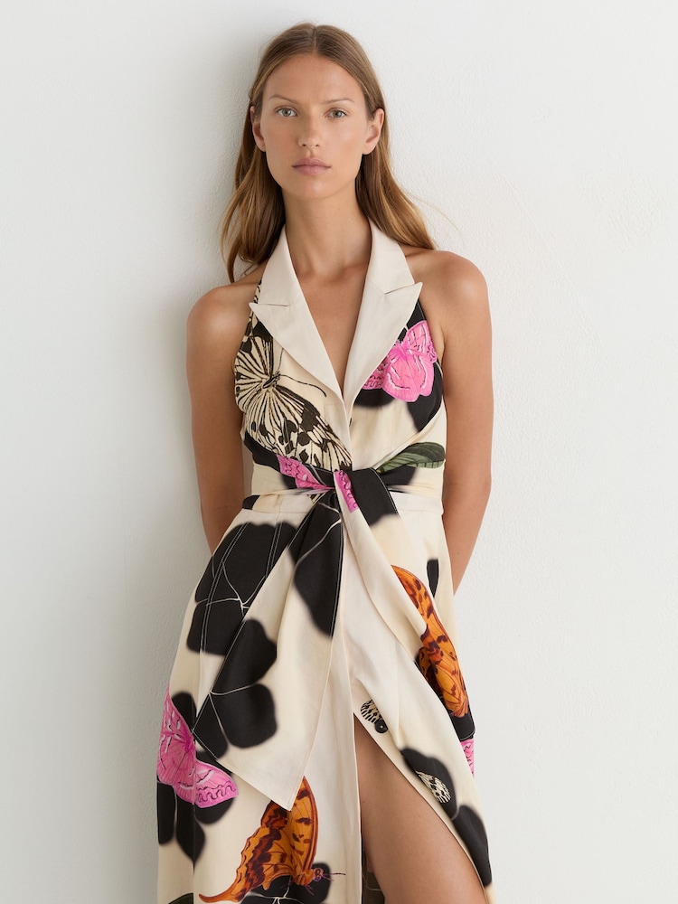 Reiss Ivory/Black Azalea Reiss | NYBG Butterfly-Print Midi Dress - Image 1 of 7 Reiss Ivory/Black Azalea Reiss | NYBG Butterfly-Print Midi Dress - Image 1 of 7