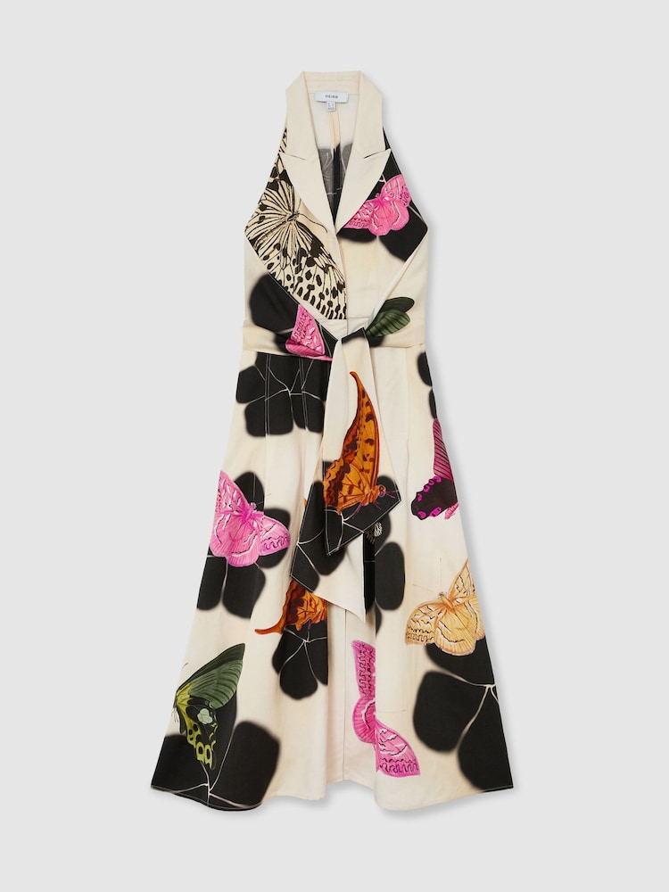 Reiss Ivory/Black Azalea Reiss | NYBG Butterfly-Print Midi Dress - Image 2 of 7 Reiss Ivory/Black Azalea Reiss | NYBG Butterfly-Print Midi Dress - Image 2 of 7