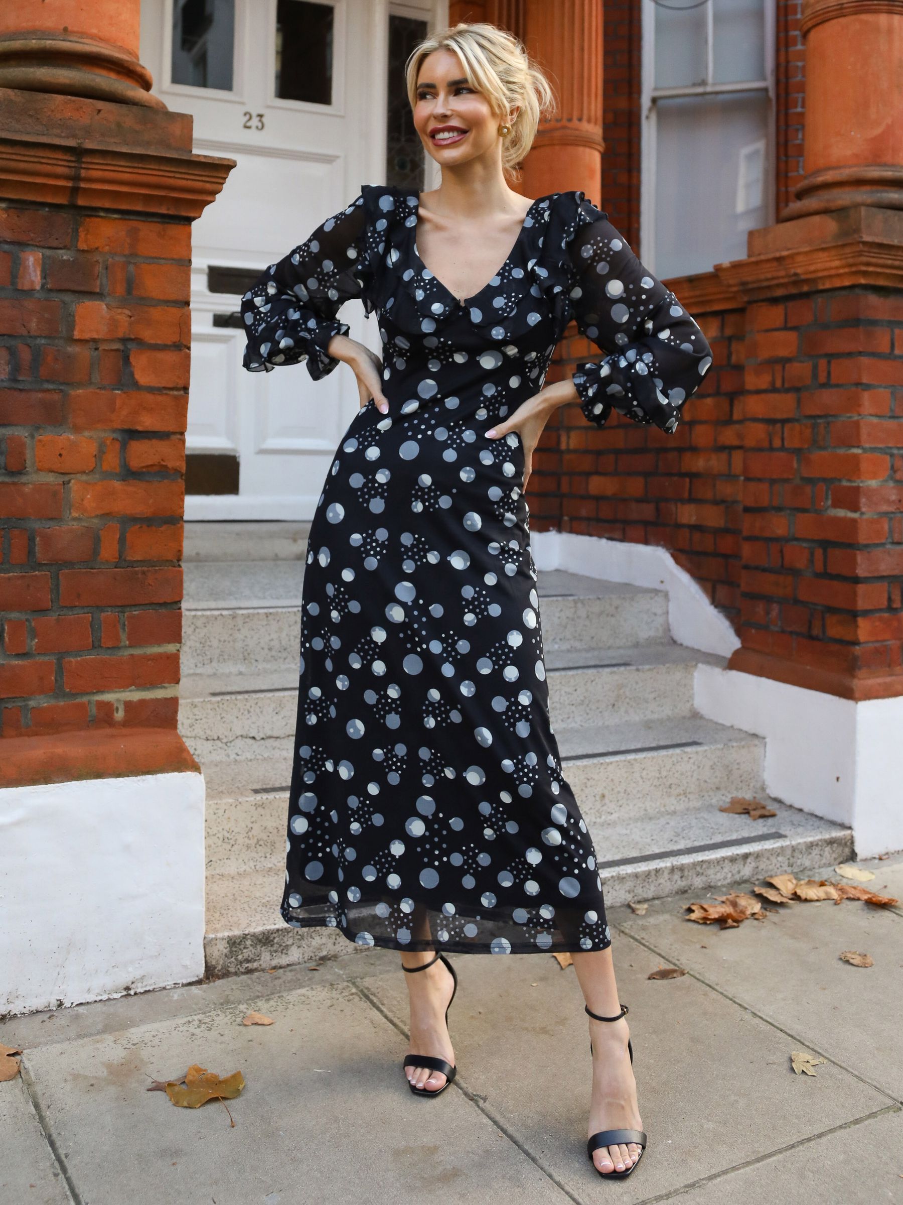 Womens Jolie Moi Black Polka Dots Ruffle V-Neck Long Sleeve Mesh Midaxi Dress US 6