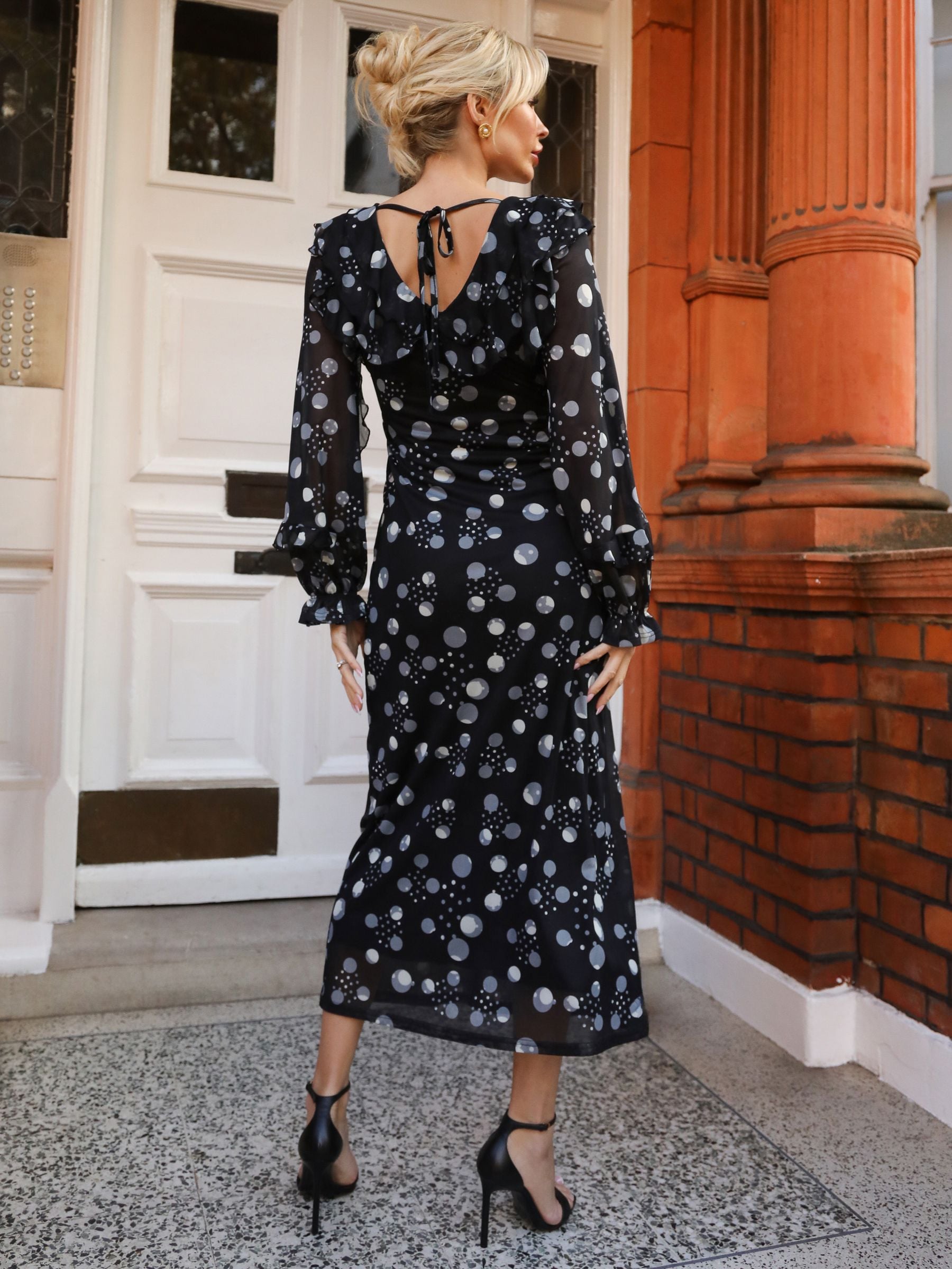Buy Jolie Moi Black Polka Dots Ruffle V-Neck Long Sleeve Mesh
