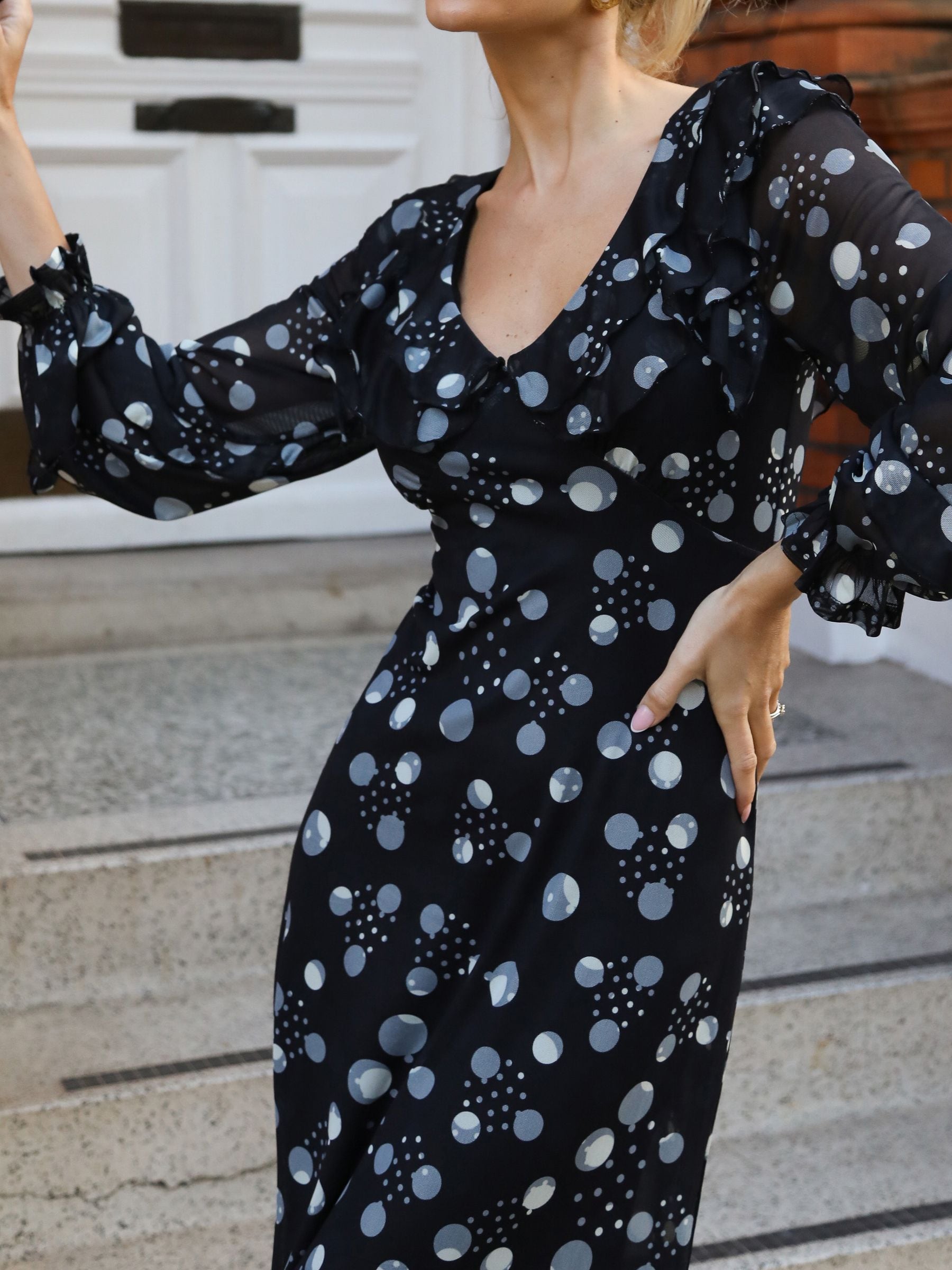 Buy Jolie Moi Black Polka Dots Ruffle V-Neck Long Sleeve Mesh