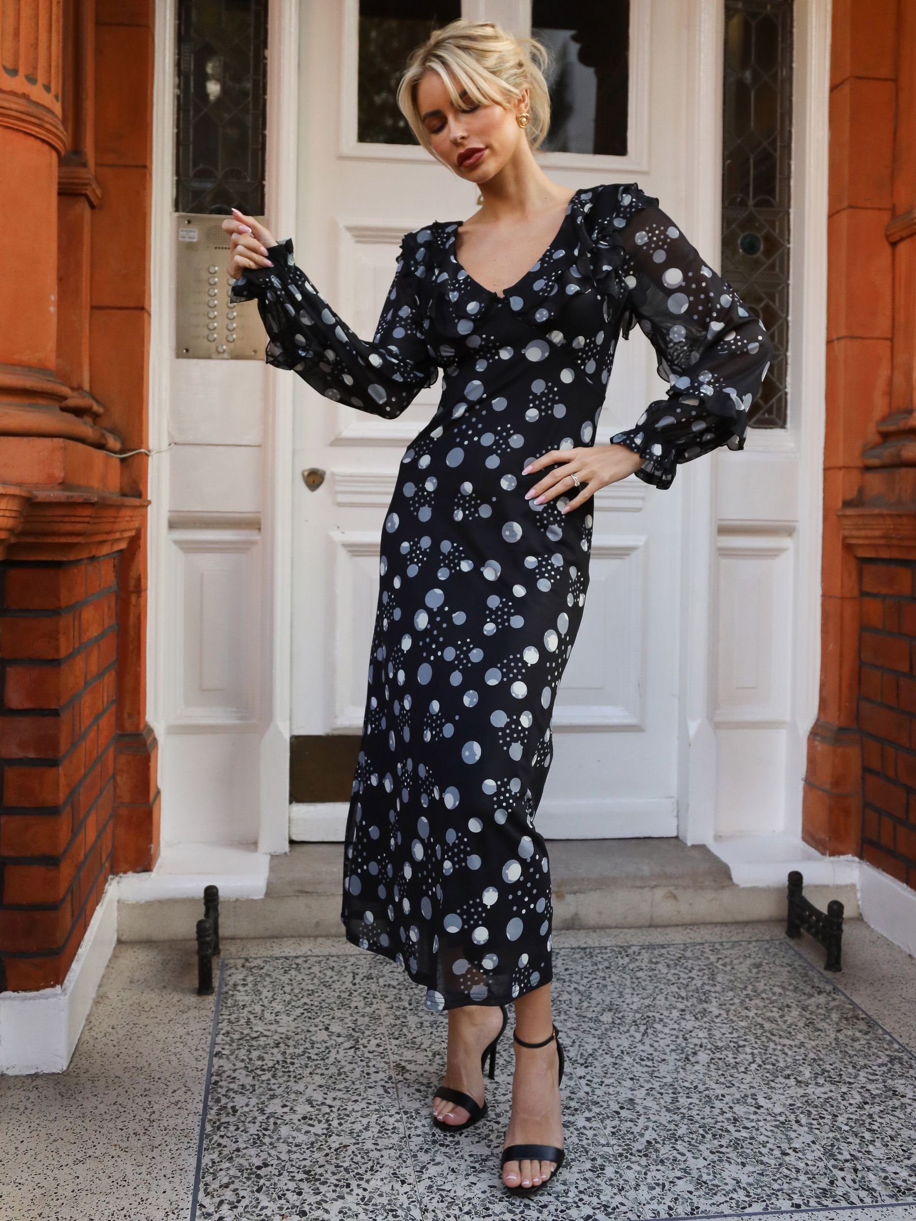 Buy Jolie Moi Black Polka Dots Ruffle V-Neck Long Sleeve Mesh