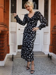 Jolie Moi Black Polka Dots Ruffle V-Neck Long Sleeve Mesh Midaxi Dress - Image 4 of 6