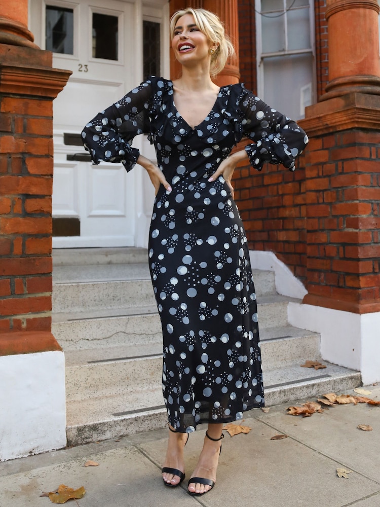 Womens Jolie Moi Black Polka Dots Ruffle V-Neck Long Sleeve Mesh Midaxi Dress US 6 Womens Jolie Moi Black Polka Dots Ruffle V-Neck Long Sleeve Mesh Midaxi Dress US 6