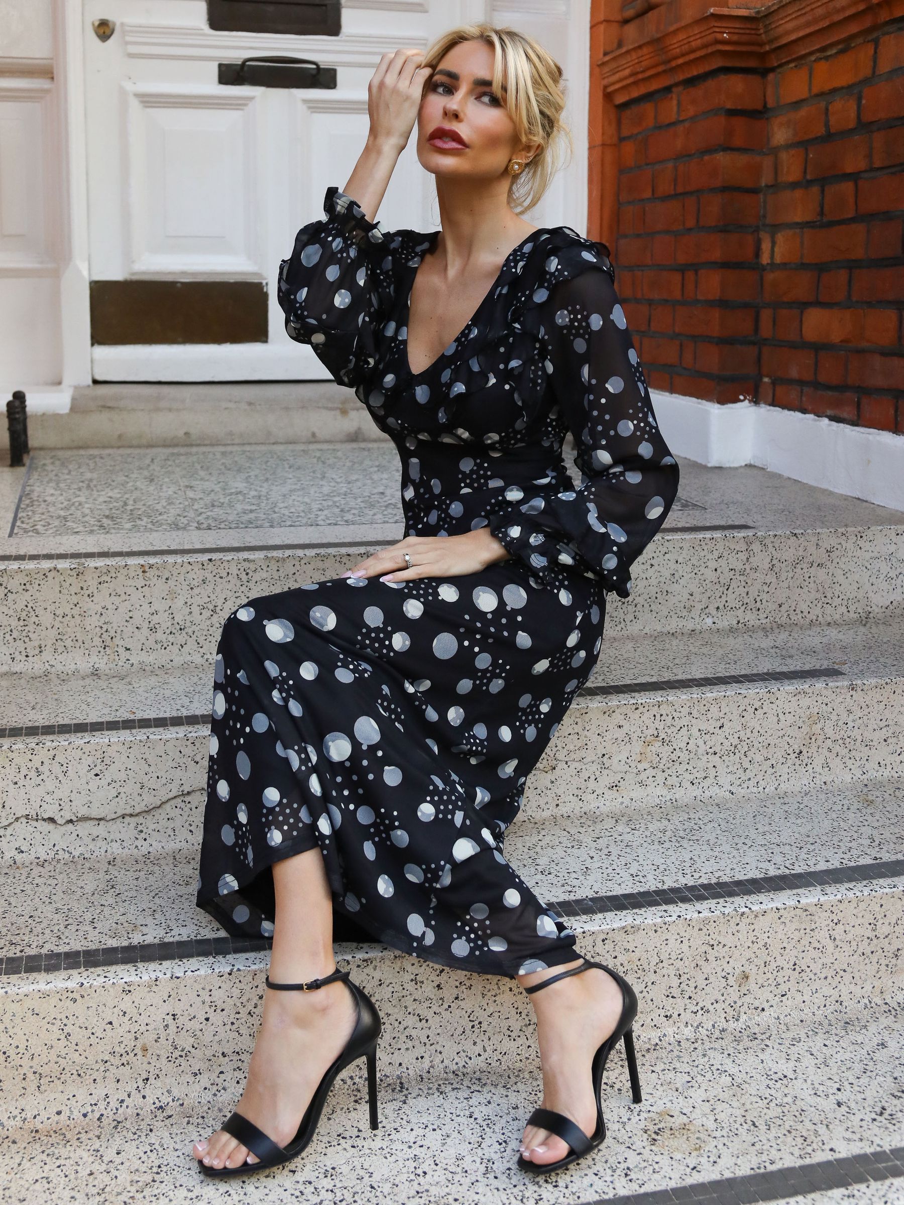 Buy Jolie Moi Black Polka Dots Ruffle V-Neck Long Sleeve Mesh