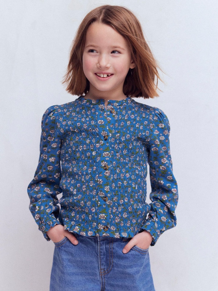 Boden Blue Smocked Jersey Blouse - Image 1 of 6