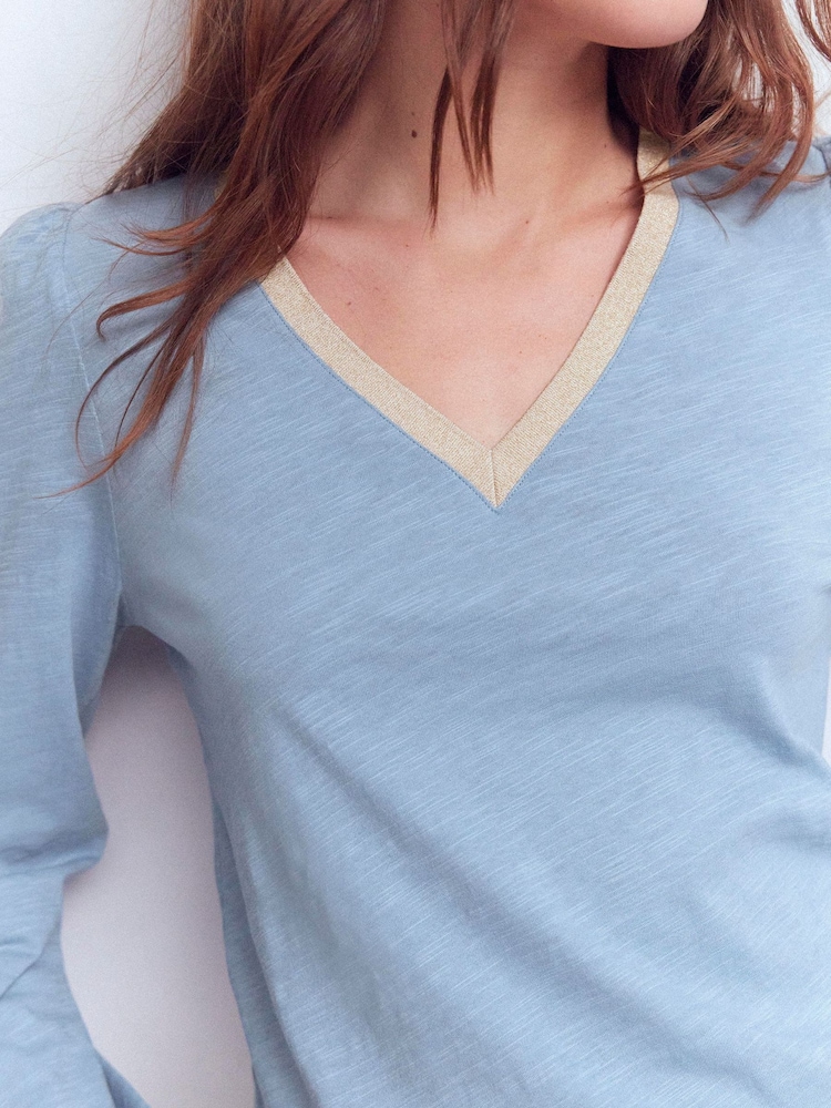 Boden Blue Metallic Trim V-Neck Top - Image 2 of 5 Boden Blue Metallic Trim V-Neck Top - Image 2 of 5