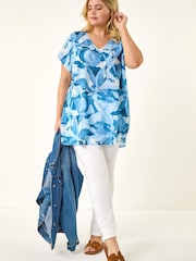 Roman Blue Curve Abstract Print Top - Image 2 of 5