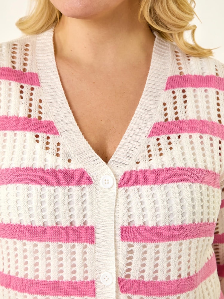 Roman Pink Curve Stripe Crochet Knit Cardigan - Image 6 of 6