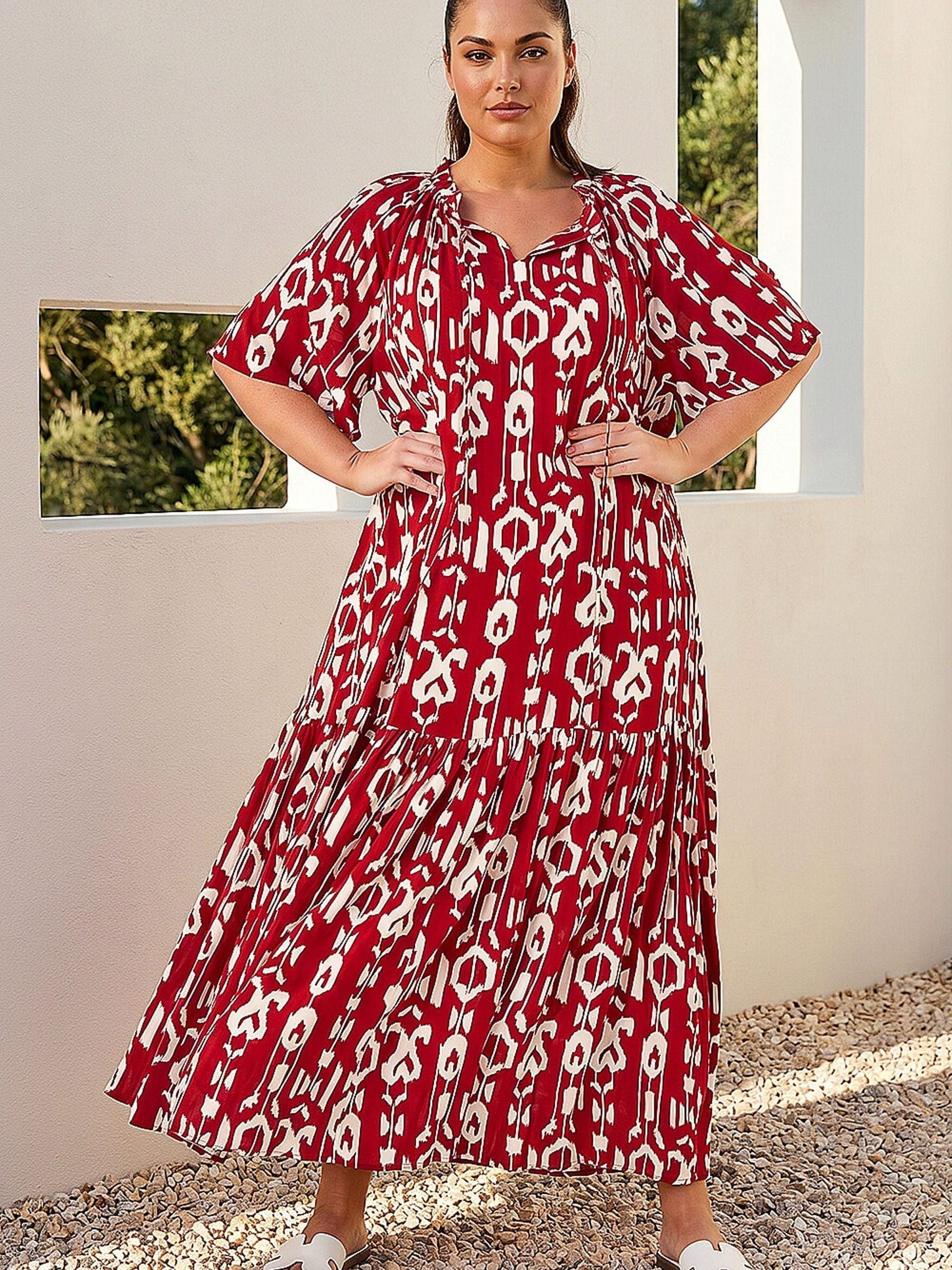 Roman Women's Red Curve Printed Woven Maxi Dress