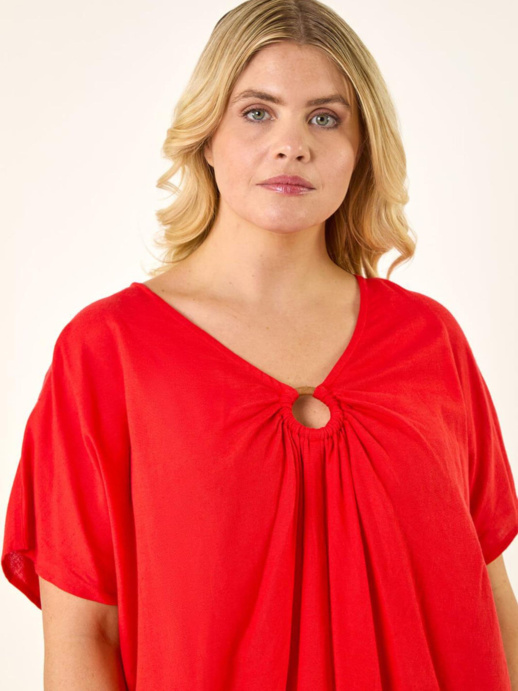 Roman Women's Red Curve Ring Front Oversized Top