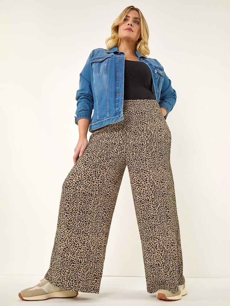 Roman Natural Curve Textured Animal Print Wide Leg Trousers - Image 1 of 5