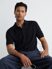 Reiss Navy Serval Check-Texture Short-Sleeve Polo Jumper with Wool - Image 1 of 6