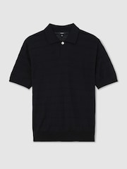 Reiss Navy Serval Check-Texture Short-Sleeve Polo Jumper with Wool - Image 2 of 6
