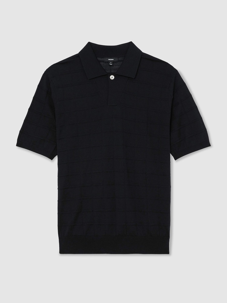 Reiss Navy Serval Check-Texture Short-Sleeve Polo Jumper with Wool - Image 2 of 6 Reiss Navy Serval Check-Texture Short-Sleeve Polo Jumper with Wool - Image 2 of 6