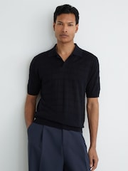 Reiss Navy Serval Check-Texture Short-Sleeve Polo Jumper with Wool - Image 3 of 6