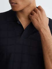 Reiss Navy Serval Check-Texture Short-Sleeve Polo Jumper with Wool - Image 4 of 6