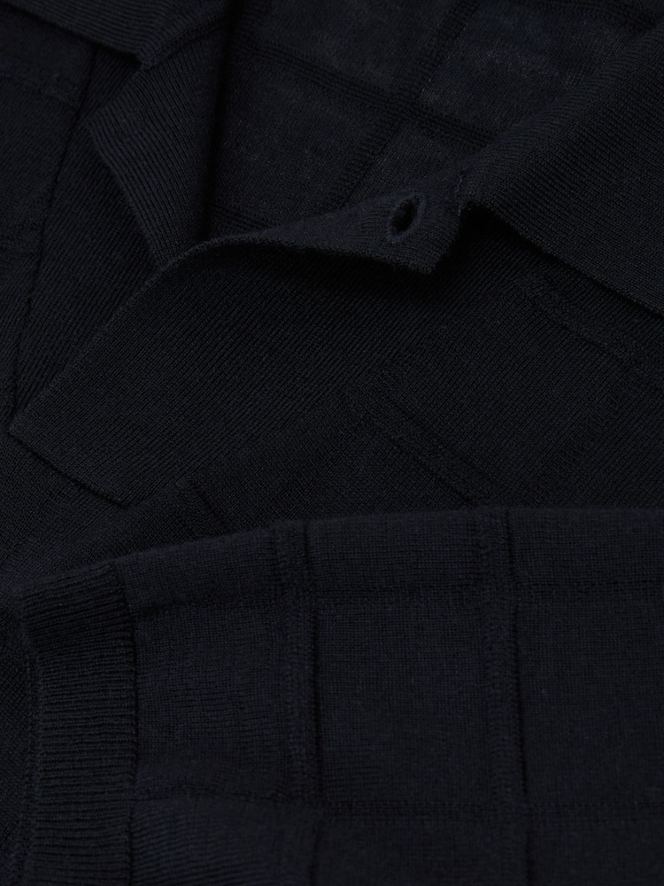 Reiss Navy Serval Check-Texture Short-Sleeve Polo Jumper with Wool - Image 6 of 6 Reiss Navy Serval Check-Texture Short-Sleeve Polo Jumper with Wool - Image 6 of 6