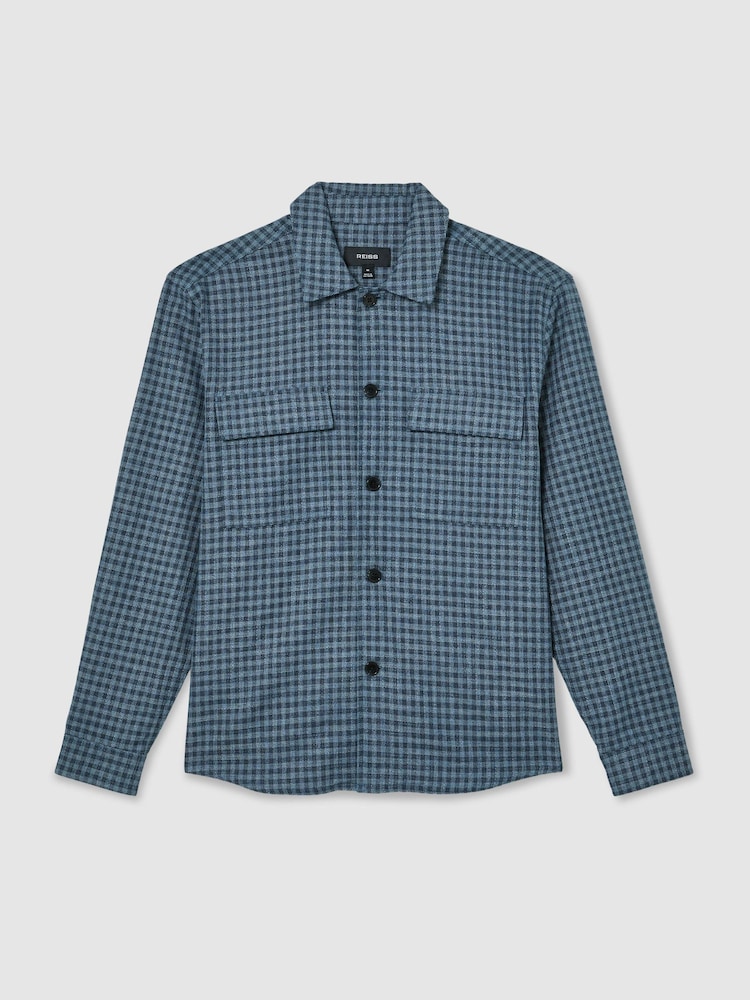 Reiss Indigo Sever Cotton-Linen Checked Overshirt - Image 2 of 7 Reiss Indigo Sever Cotton-Linen Checked Overshirt - Image 2 of 7