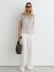 淡灰色 - Reiss Polly Silk Half-Button Short-Sleeve Shirt - 圖片 1/5