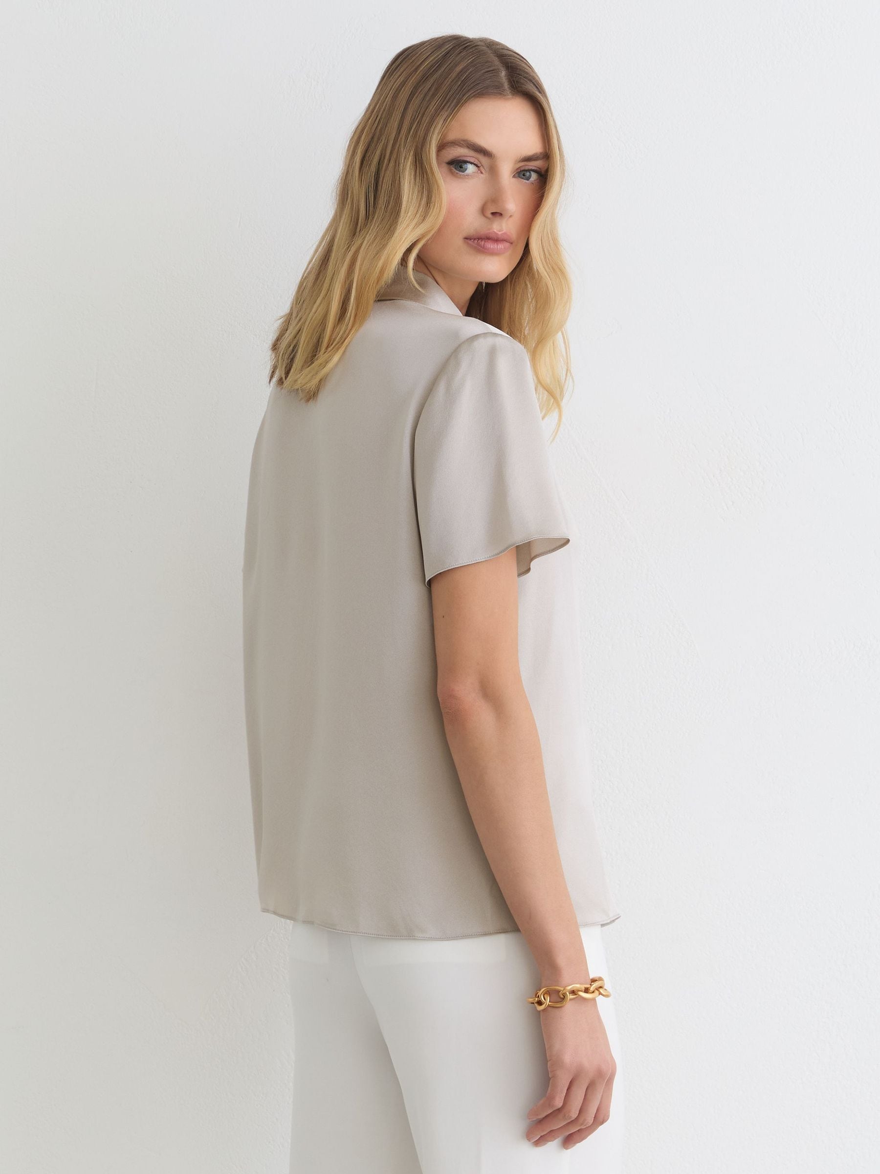 Buy Reiss Light Grey Polly Silk Half-Button Short-Sleeve Shirt