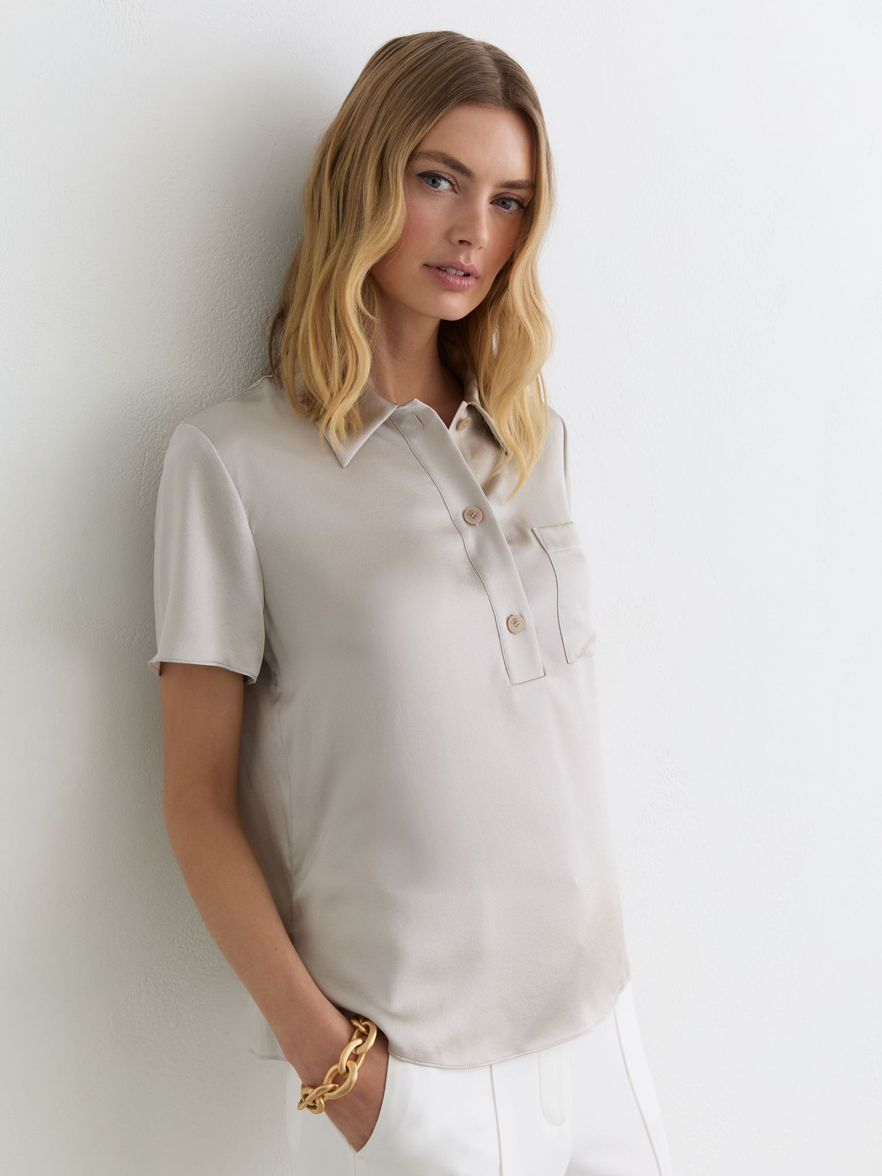 Buy Reiss Light Grey Polly Silk Half-Button Short-Sleeve Shirt