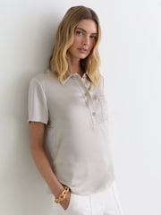 淡灰色 - Reiss Polly Silk Half-Button Short-Sleeve Shirt - 圖片 4/5