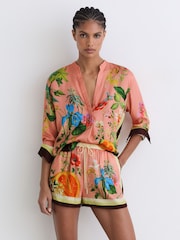 Reiss Pink Milos Tropical Scarf-Print Drawstring Shorts - Image 1 of 6