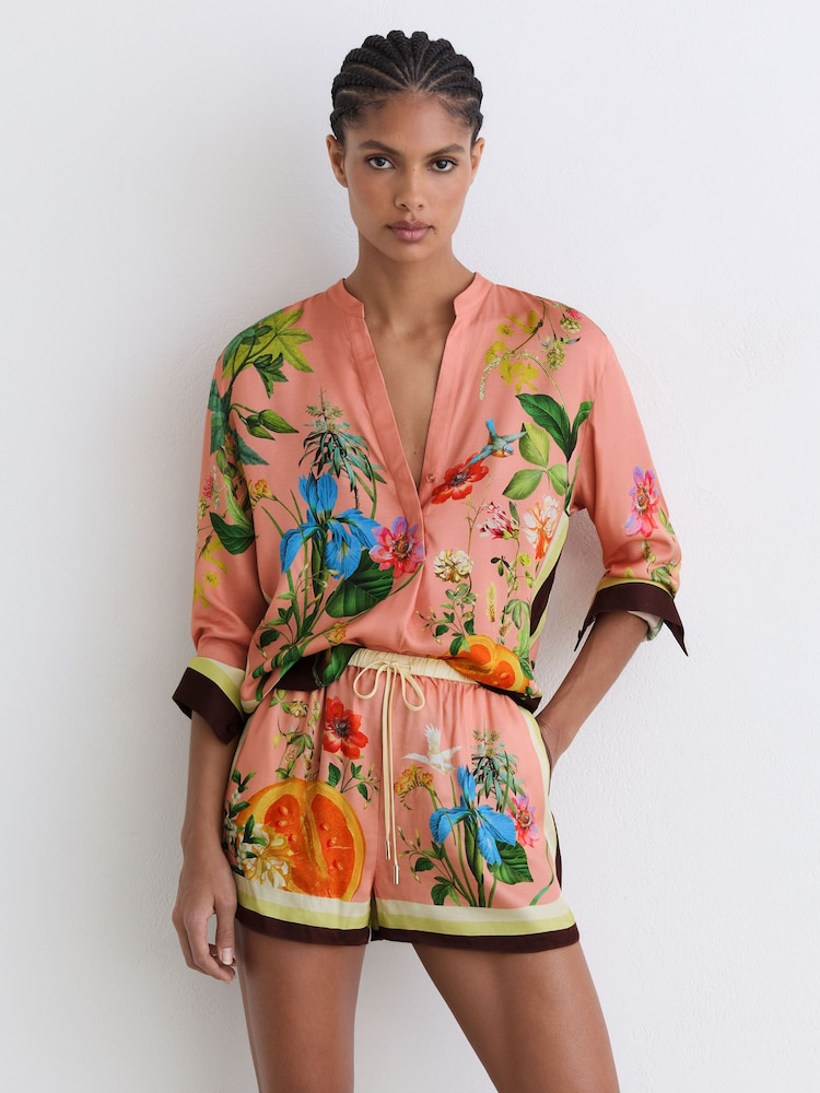 Reiss Pink Milos Tropical Scarf-Print Drawstring Shorts - Image 1 of 6